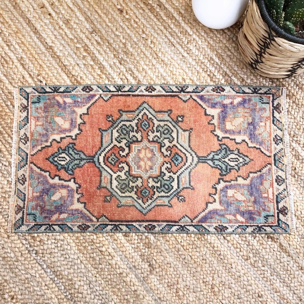 Vintage Small Boho Turkish Wool 2x3 Rug Peach